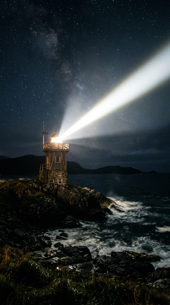 Lighthouse with bright light beam shining over dark rocky coastline at night
